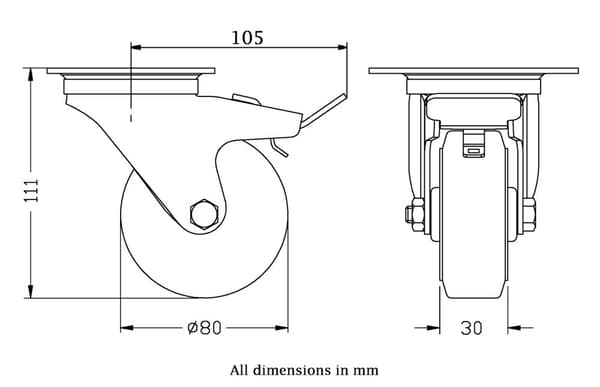 80 mm:n kääntyvä/jarrullinen kääntöpyörä, jossa on musta kumi puristetun teräksen keskipyörällä.