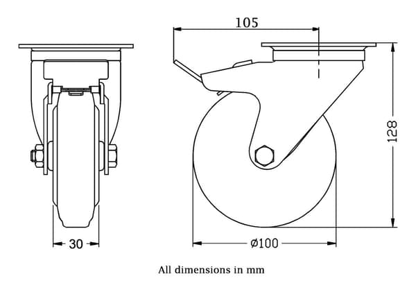 100 mm dreje-/bremsehjul med sort gummi på centerhjul af presset stål