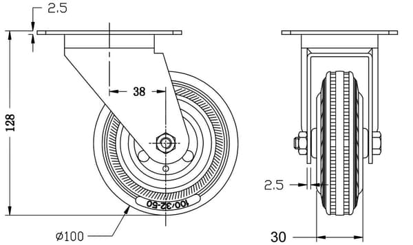 100mm 4" kumirengas, kääntyvä ja kiinteä, vahva 360kg kantavuus, 4 kpl:n sarja.