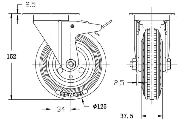 125 mm 5" hjul med gummidæk, drejelig med bremse, stærk kapacitet på 480 kg, sæt med 4 stk.