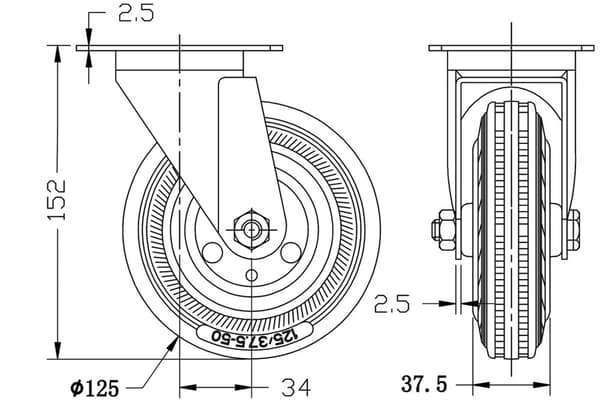 125 mm 5" hjul med gummidæk, drejelige og faste, stærk kapacitet på 480 kg, sæt med 4 stk.