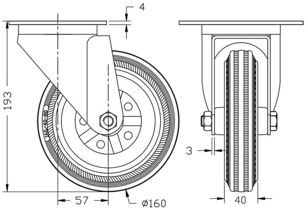 160 mm 6" länkhjul med gummidäck, svängbart, stark kapacitet på 600 kg, set om 4