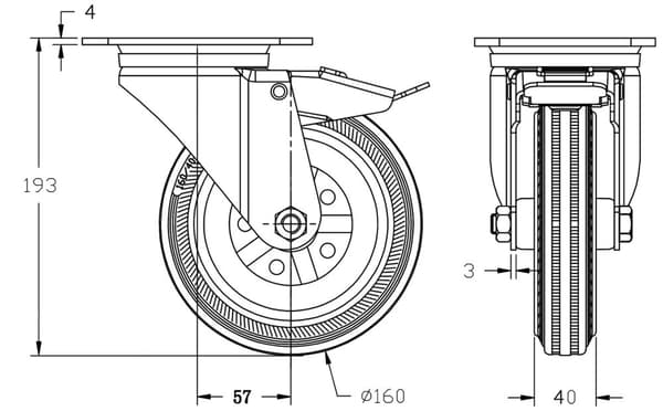 160 mm 6" hjul med gummidæk, drejelig med bremse, stærk kapacitet på 600 kg, sæt med 4 stk.