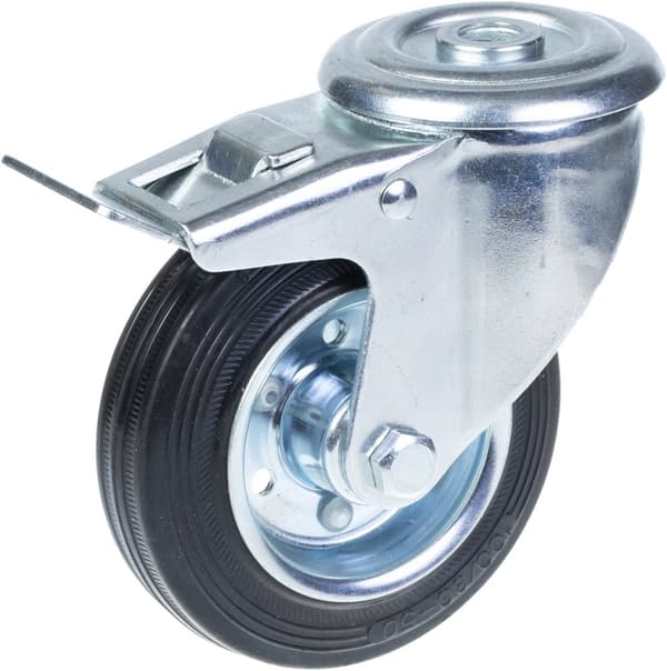 100 mm 4" länkhjul med gummidäck, svängbart och bromsat, kapacitet 360 kg, set om 4