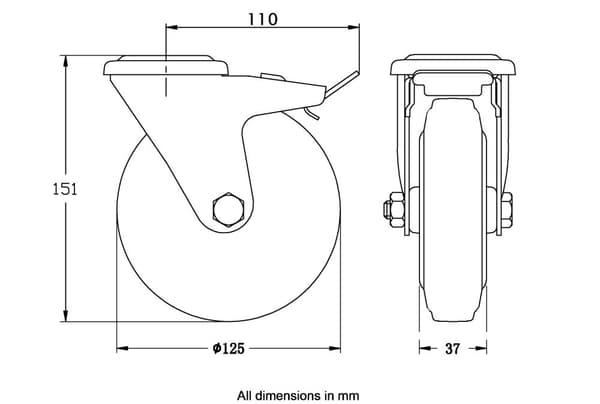 125 mm dreje-/bremsehjul med sort gummi på centerhjul af presset stål