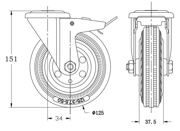 125 mm 5" gummihjul, drejeligt med bremse, stærk kapacitet på 240 kg, sæt med 2 stk.
