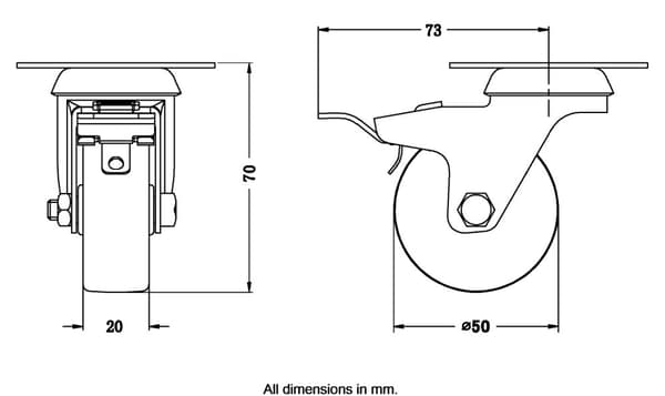 50 mm dreje-/bremsehjul med grå TPR-gummi på midterhjul af polypropylen