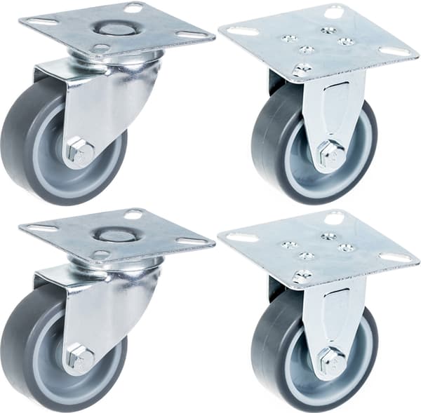 50 mm 2" hjul med gråt gummidæk, drejelige og faste, 160 kg kapacitet, sæt med 4 stk.
