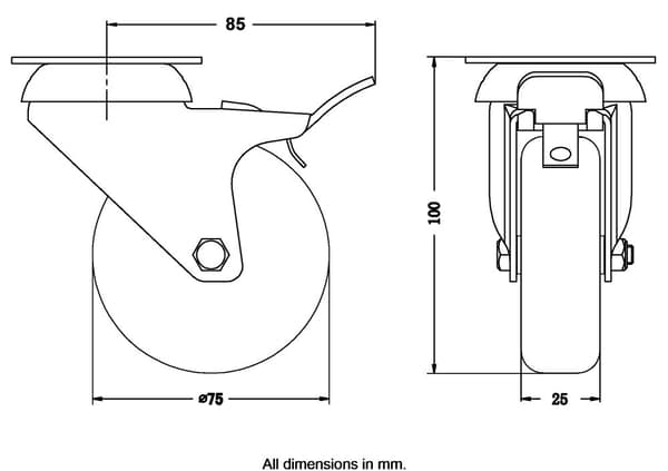 75 mm dreje-/bremsehjul med grå TPR-gummi på midterhjul af polypropylen