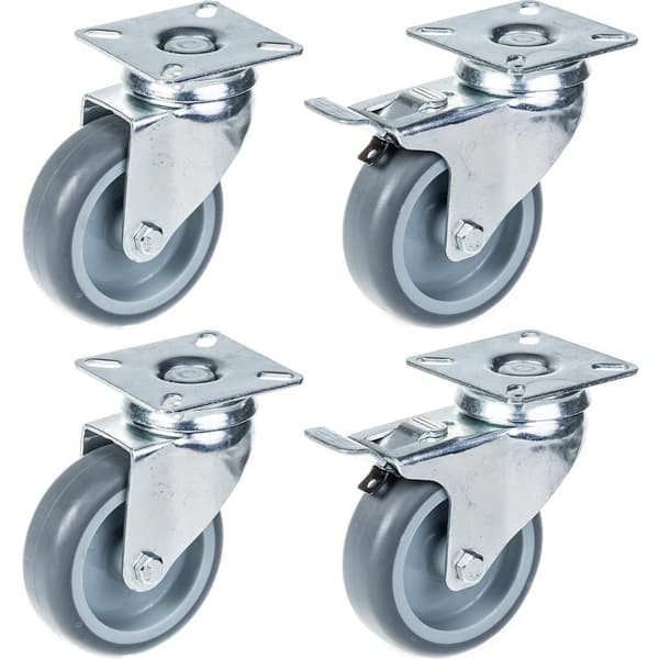 Sæt med 4 - 75mm GRÅ GUMMI SWIVEL CASTOR 70Kg (2 stk) & 75mm GRÅ GUMMI BREMSE CA