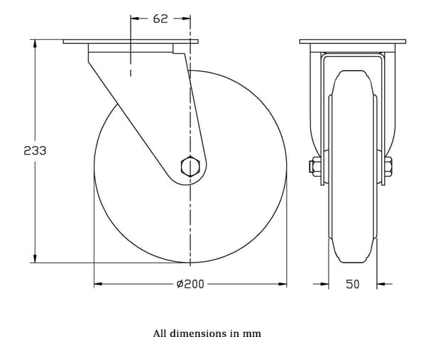 200 mm:n kääntyvä kääntöpyörä, jossa on musta kumi puristetun teräksen keskipyörällä.