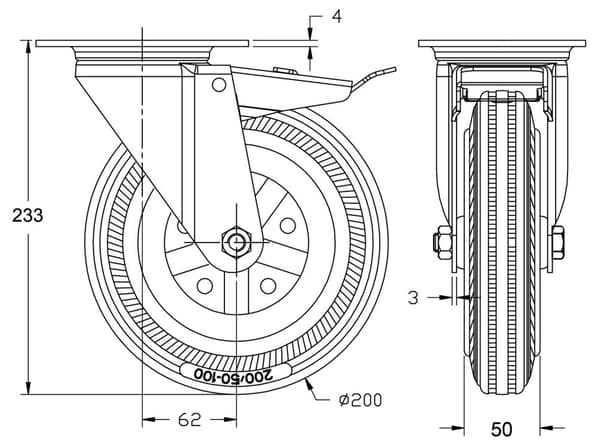 200 mm 8" hjul med gummidæk, drejelig og bremse, stærk kapacitet på 800 kg, sæt med 4 stk.
