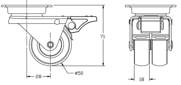 50 mm 2" dobbelt hjul grå gummi drejelig & bremse 280 kg kapacitet, sæt af 4
