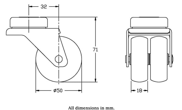 50 mm 2" dobbelt hjul grå gummi drejelig 70 kg kapacitet