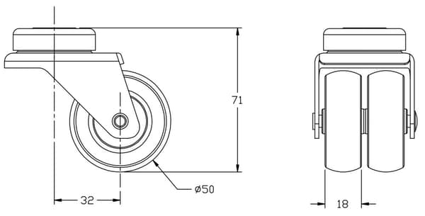 50 mm 2" dobbelt hjul grå gummi drejelig 140 kg kapacitet, sæt af 2