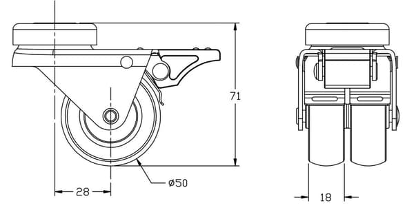 50mm 2" länkhjul grå gummi svängbart med broms kapacitet 280kg, set om 4