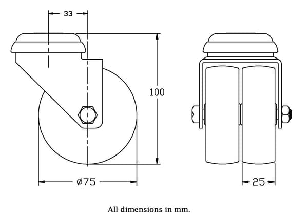 75 mm 3" dobbelt hjul grå gummi drejelig 100 kg kapacitet
