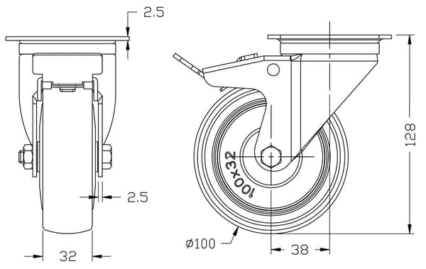 100 mm 4" hjul i grå gummi med bremse, stærk kapacitet på 220 kg, sæt med 2 stk.