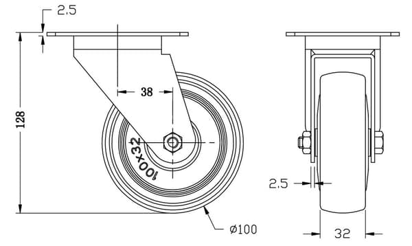 100 mm 4" hjul med gråt gummidæk, drejeligt, stærk kapacitet på 440 kg, sæt med 4 stk.