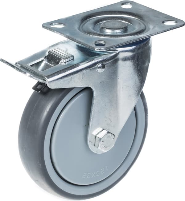 125 mm 5" hjul i grå gummi med bremse, stærk kapacitet på 520 kg, sæt med 4 stk.