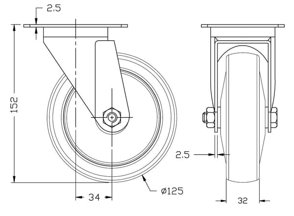 125 mm 5" hjul med gråt gummidæk, drejeligt og fast, stærk kapacitet på 520 kg, sæt med 4 stk.