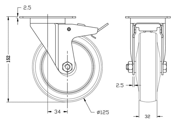 125 mm 5" hjul med grå gummibremse og fast, stærk kapacitet på 520 kg, sæt med 4 stk.