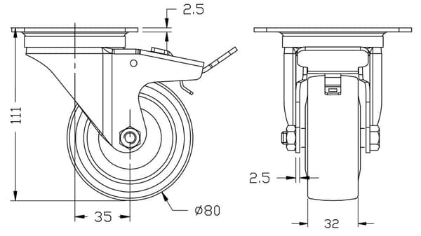80 mm 3" hjul i grå gummi med bremse, stærk kapacitet på 160 kg, sæt med 2 stk.