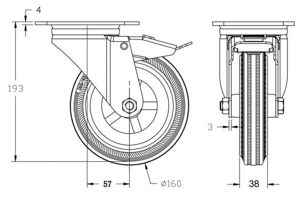 160 mm 6" hjul i grå gummi med bremse, stærk kapacitet på 270 kg, sæt med 2 stk.