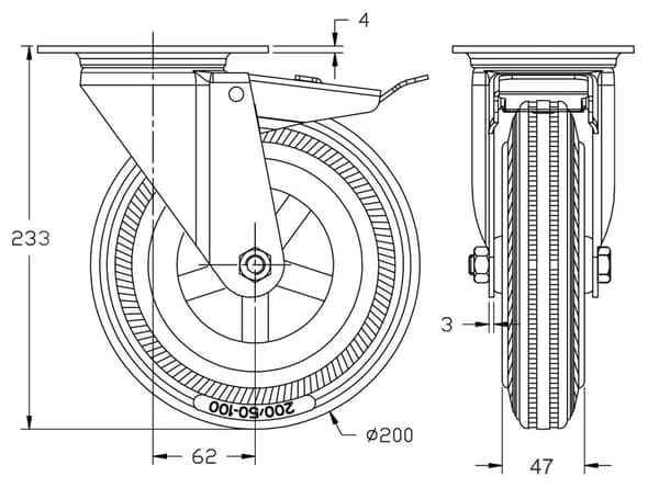 200mm 8" pyörä harmaa kumijarru ja kiinteä vahva 820kg kantavuus, 4 kpl:n sarja.