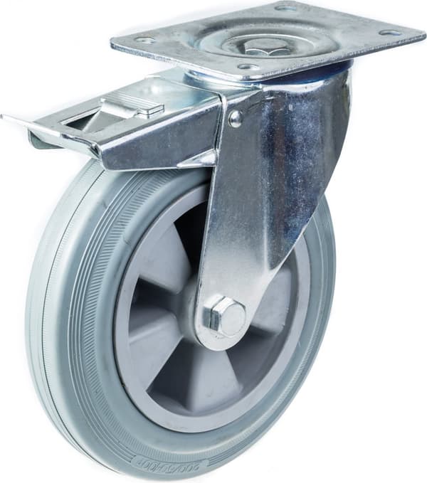 200 mm 8" hjul, gråt gummidæk, drejeligt og med bremse, stærk kapacitet på 820 kg, sæt med 4 stk.