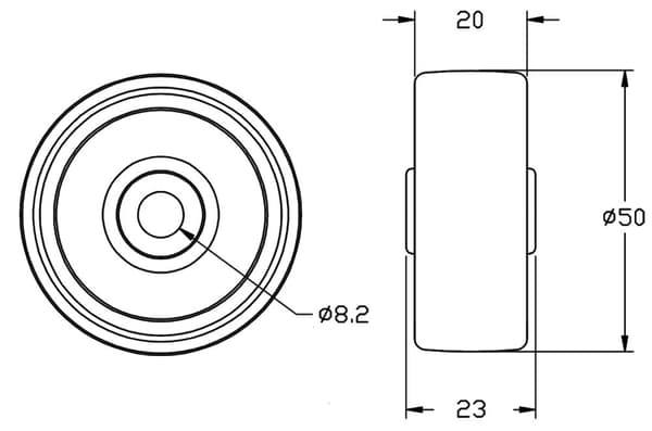 50mm 2" pyörä harmaa kumirengas muovisella keskiöllä 160kg kantavuus, 4 kpl:n sarja.