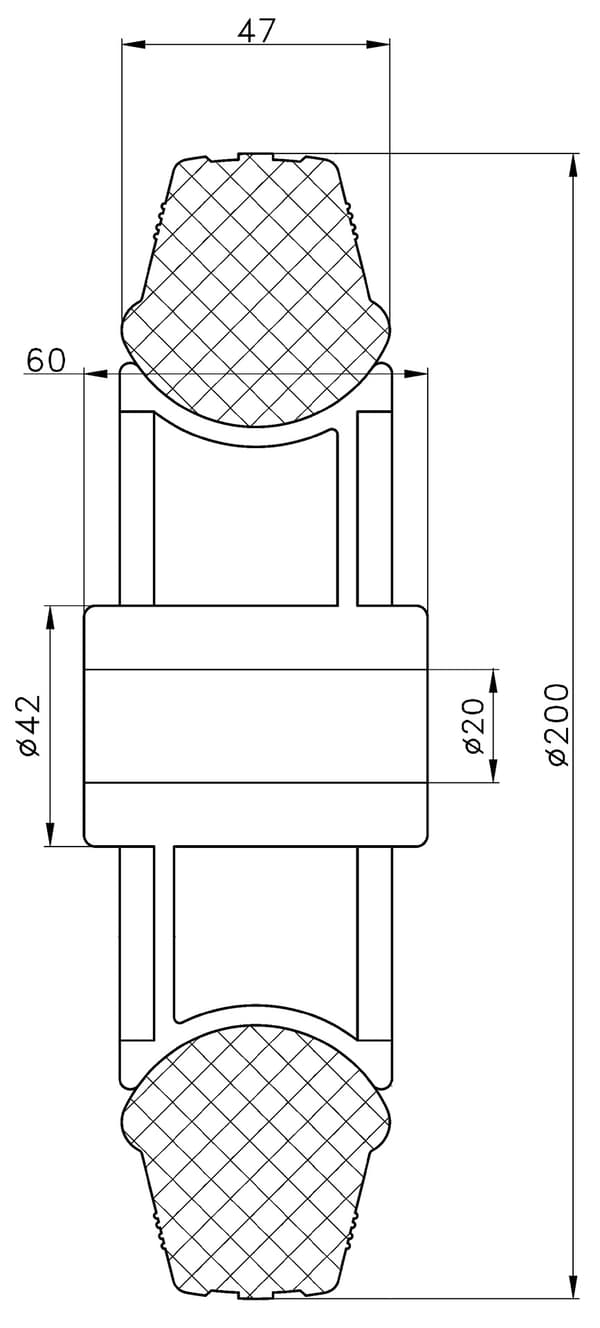 200 mm 8" hjul, grått gummidäck med plastcentrum, kapacitet 820 kg, set om 4