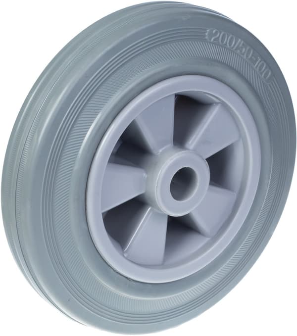 200 mm 8" hjul, grått gummidäck med plastcentrum, kapacitet 820 kg, set om 4