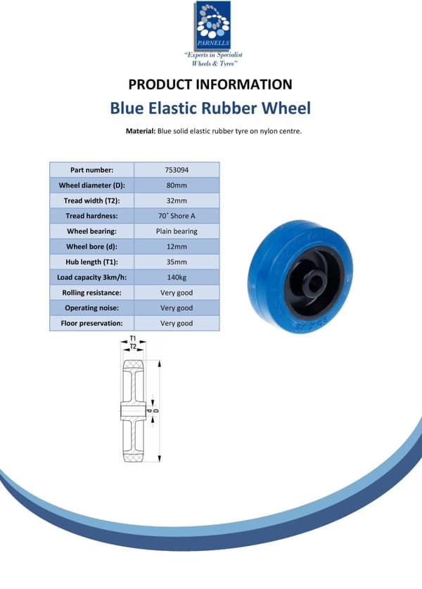 80 mm hjul med blå elastisk gummi på nyloncenter