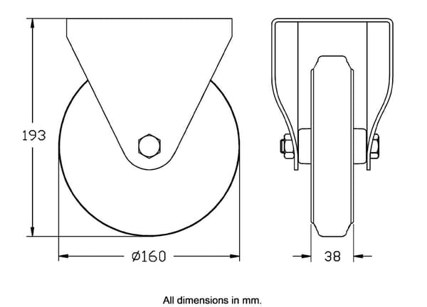 160 mm 6" hjul med grått gummidäck, fast, stark, 135 kg kapacitet