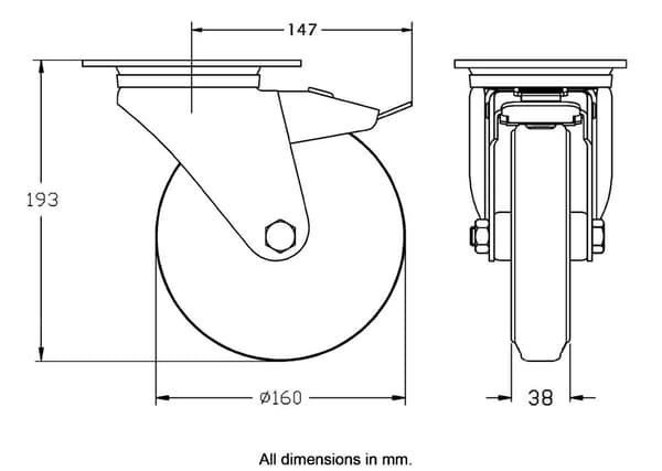 160mm 6" pyöräteline harmaalla kumirenkaalla ja jarrulla varustettu kääntöpyörä, jonka kantavuus on vahva 135kg.