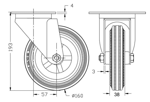 160 mm 6" hjul med gråt gummidæk, drejeligt, stærk kapacitet på 540 kg, sæt med 4 stk.