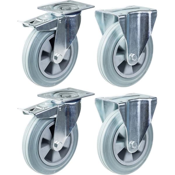 200 mm 8" hjul, grå gummibroms och fasta, kraftiga, kapacitet 820 kg, set om 4