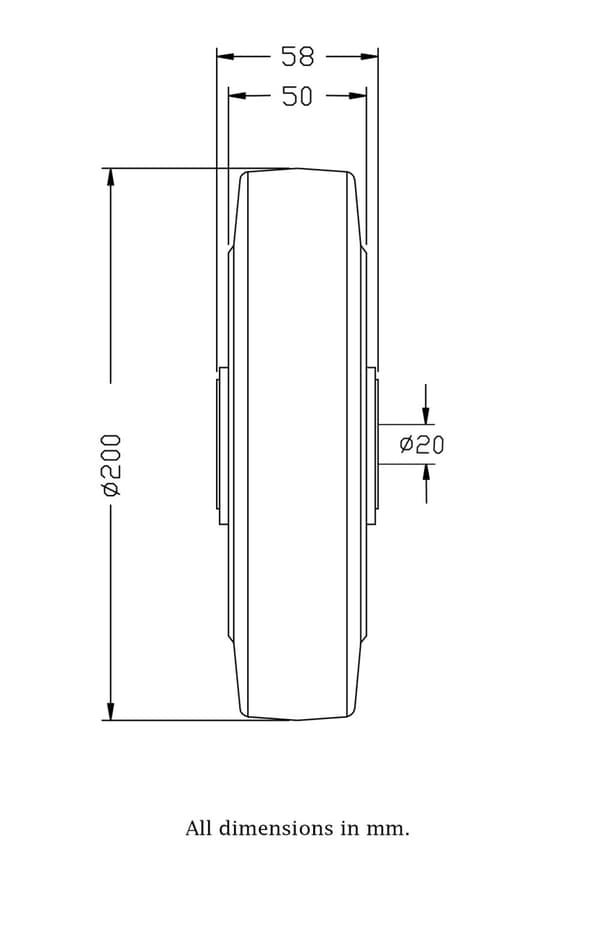 200 mm hjul med sort elastisk gummi på aluminiumscenter