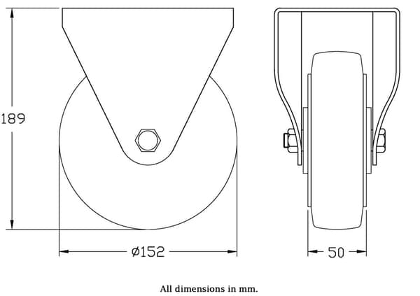 152 mm faste hjul med sort elastisk gummi på midterhjul af aluminium
