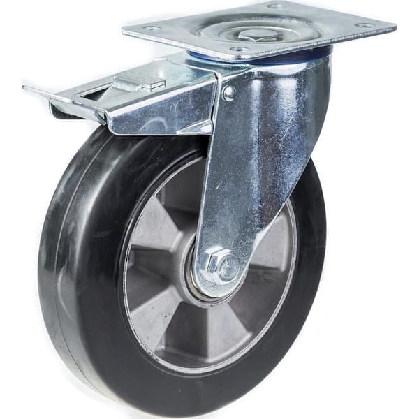 152 mm svängbart/bromsbart hjul med svart elastiskt gummi på mitthjul av aluminium