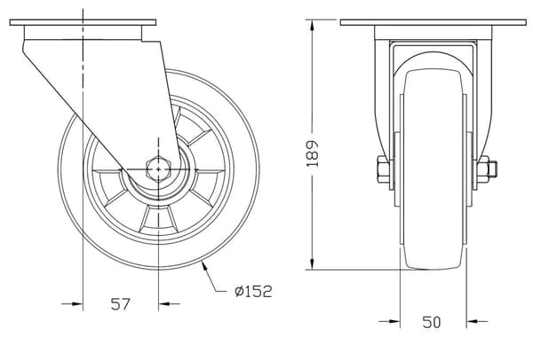 152 mm 6" länkhjul i svart gummi, vridbart, stark kapacitet 1320 kg, set om 4