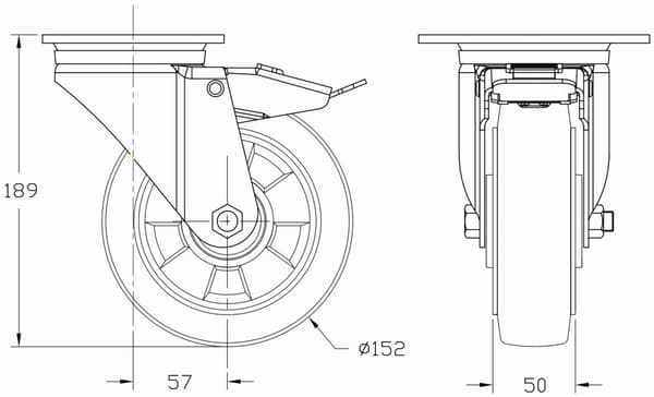 152 mm 6" hjul med sort gummibremse og fast, stærk kapacitet på 1320 kg, sæt med 4 stk.