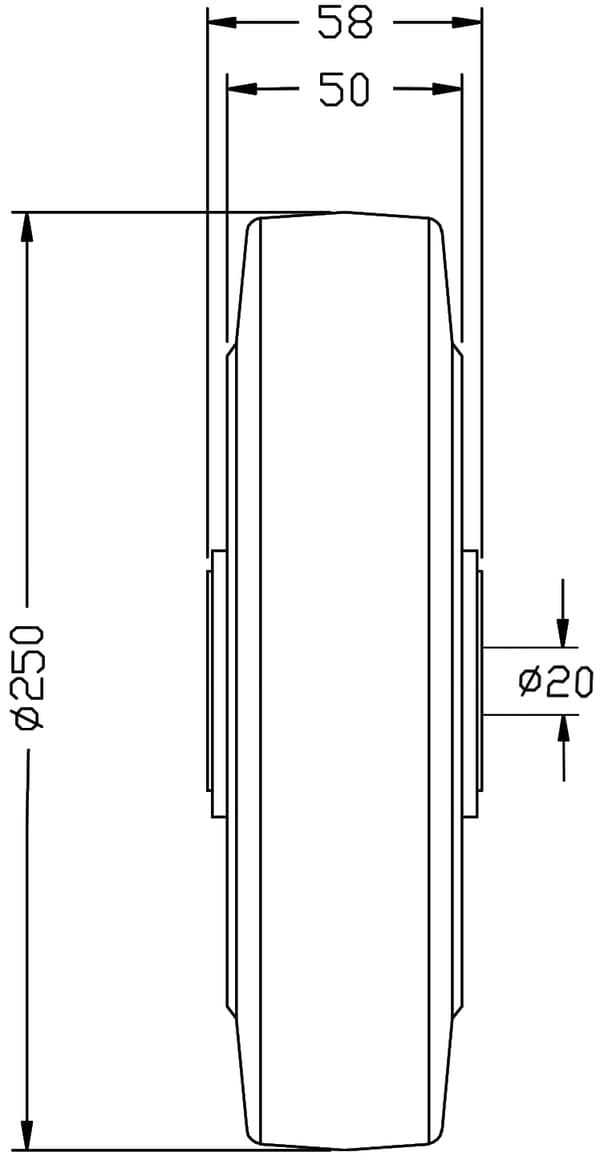 250 mm 10" hjul, svart gummi med aluminiumcentrum, kapacitet 2000 kg, set om 4