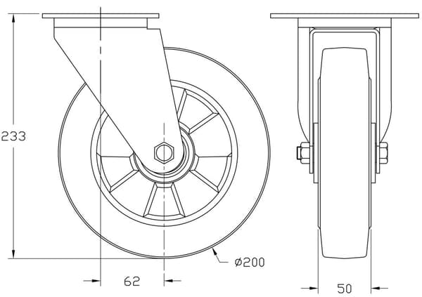 200 mm 8" hjul, svart gummi, svängbart, stark kapacitet 700 kg, set om 2