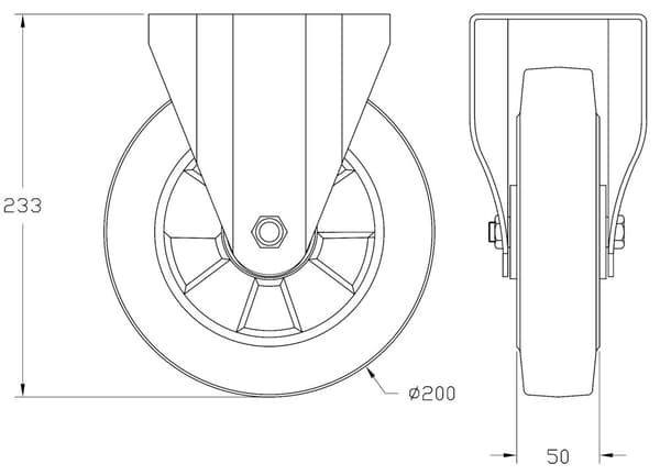 200 mm 8" hjul i sort gummi med fast kapacitet på 1400 kg, sæt med 4 stk.