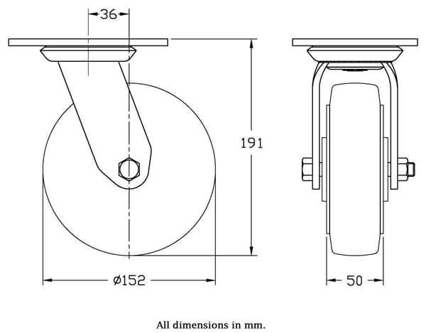 152 mm drejeligt hjul med sort elastisk gummi på midterhjul af aluminium