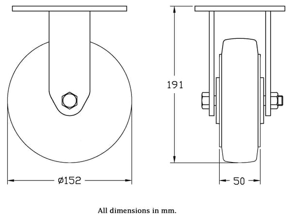 152 mm faste hjul med sort elastisk gummi på midterhjul af aluminium
