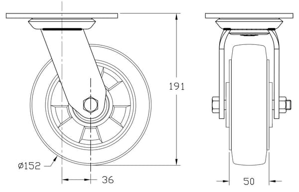 152 mm 6" hjul, sort gummi, drejelig og med bremse, stærk kapacitet på 1320 kg, sæt med 4 stk.