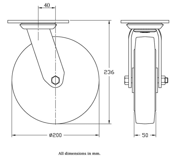 200 mm drejeligt hjul med sort elastisk gummi på midterhjul af aluminium